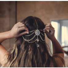 Bridal Headpiece Gold Crystal Hair Chain with Draping Teardrop Crystals for Wedding Brides
