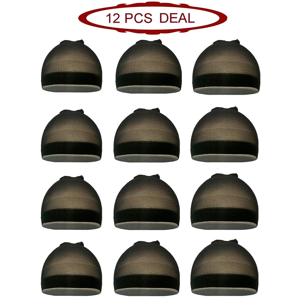 Unisex Black 12Pcs Stocking Wig Caps Closed End Stretchy Nylon Breathable For Women And Men
