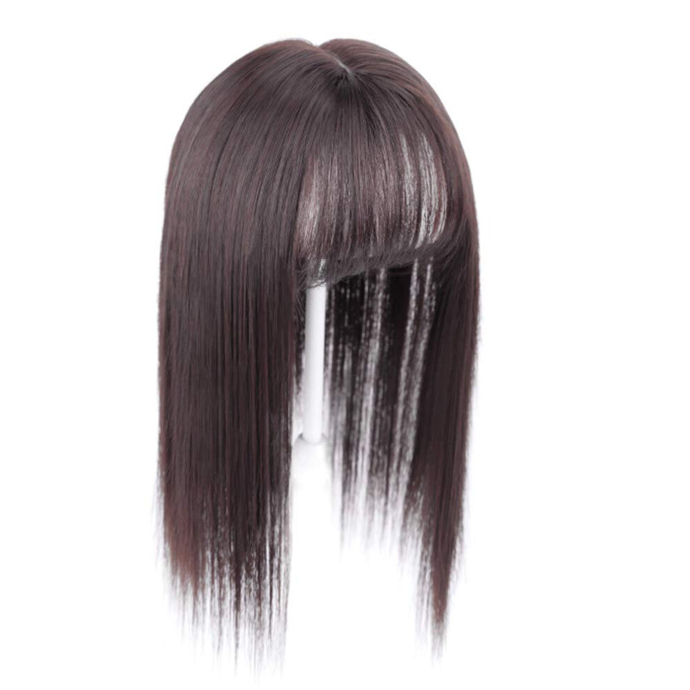 Unisex Brown Hair Topper With Bangs Clip In Crown Hairpiece For Thin Hair Natural Volume Boost Dark 14In