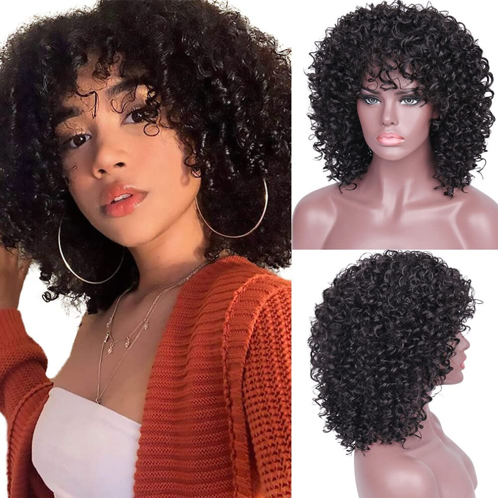 Unisex Black 24 Inch Curly Human Hair Wig With Bangs, 200 Density Brazilian Remy, Natural For Women