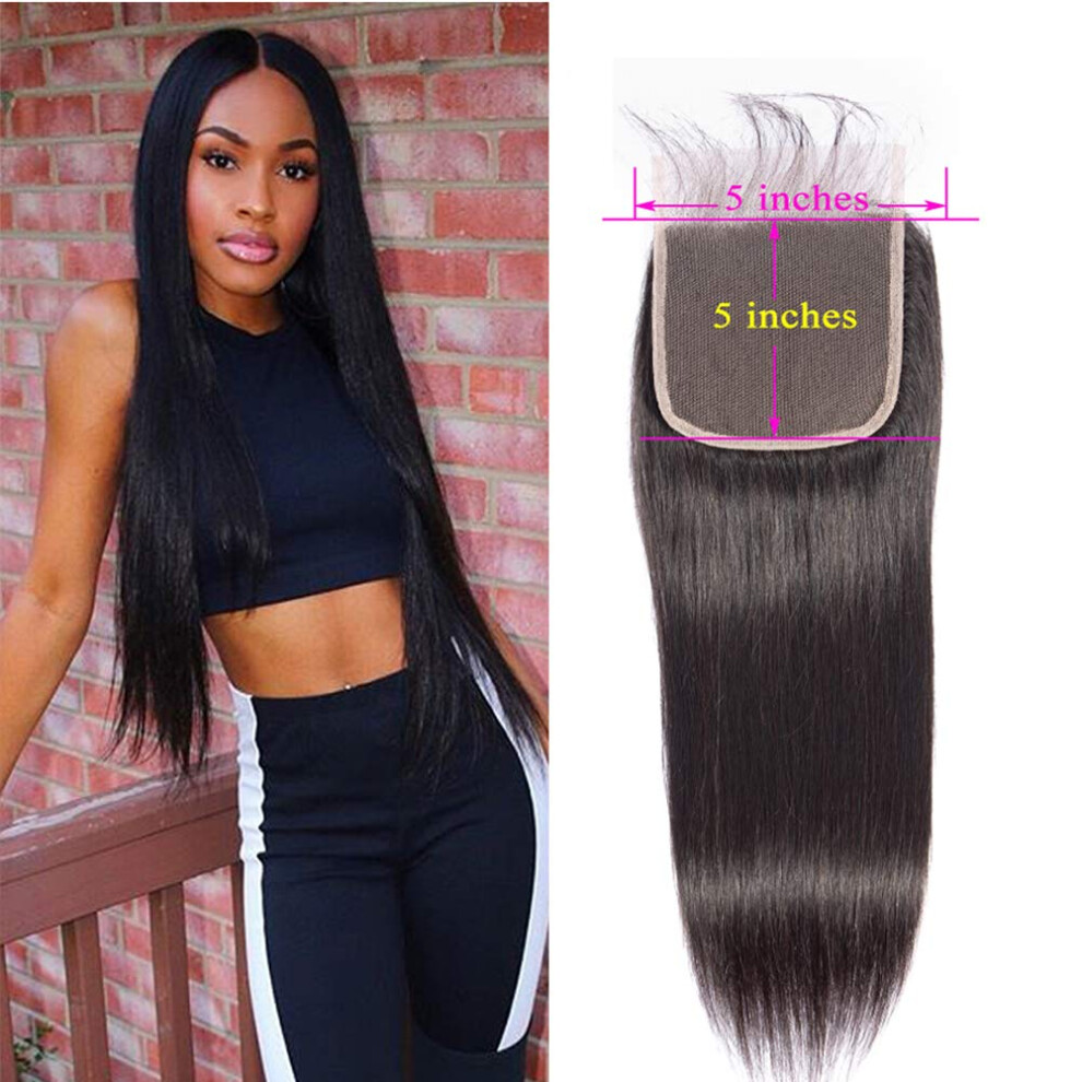 Unisex 5X5 Lace Closure Human Hair Preplucked Hairline Peruvian Virgin Straight 10 Inch With Baby Hair