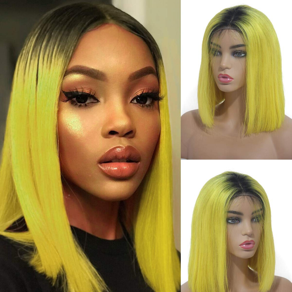 Unisex Dark Ombre Roots Bob Lace Front Wig 13X4 Glueless Brazilian Human Hair Wig 10 Inch Natural Hairline