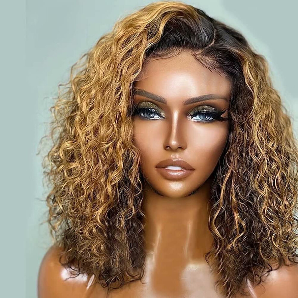 13x4 Ombre Honey Blonde Deep Curly Human Hair Lace Front Wig 18 Inch Brazilian Virgin Hair 150% Density HD Transparent Lace Pre Plucked