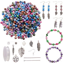 585Pcs Acrylic Bead Kit 8mm Ink Patterned Loose Beads with Earring Hooks, Flower Spacers, Leaf Pendants, Charms & Crystal String for Jewelry Making