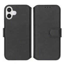RV portemonneehoesje van echt leer, compatibel met iPhone 16, zwart