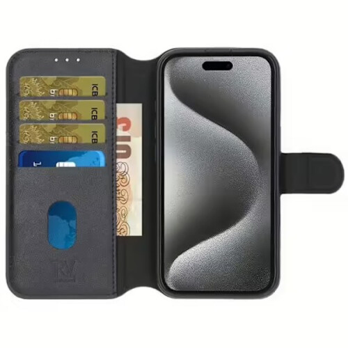 RV Ægte læderpung, kompatibel med iPhone 16, sort 1