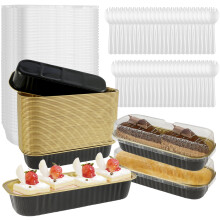 Toorise 150 stk. mini brødforme med låg og skeer, 6,8 oz smalle kageforme i aluminiumsfolie til fester (sort guld)