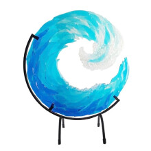 Ocean Wave Fused Sculpture 8in, Handmade Gradient Blue Wave Art with Bracket, Creative Ornament Decoration