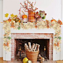 Guirlande d'automne LHNFT 1,7 m avec feuilles d'érable, citrouille et baies blanches, vigne artificielle pour intérieur et extérieur, compatible