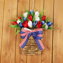 Couronne patriotique Gnobogi de 33 cm avec nœud en forme d'étoile en métal, tissu rustique rouge, blanc et bleu, décoration intérieure et