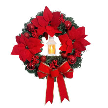 Guirlanda de Natal para Porta de Entrada, com Flores de Poinsétia Vermelhas, Laço e Bola, Decoração de Parede para Ambientes Internos e Externos