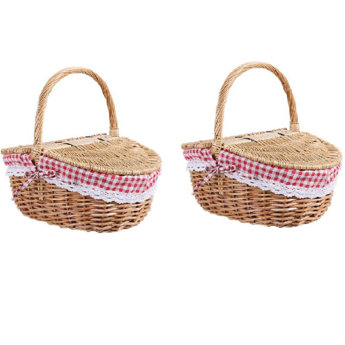 2 cestini da picnic in vimini stile rustico con coperchio e manico e fodere interne per picnic, feste e barbecue