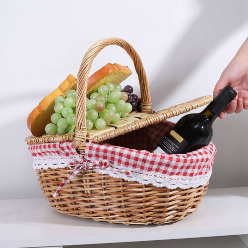 2 cestini da picnic in vimini stile rustico con coperchio e manico e fodere interne per picnic, feste e barbecue 2