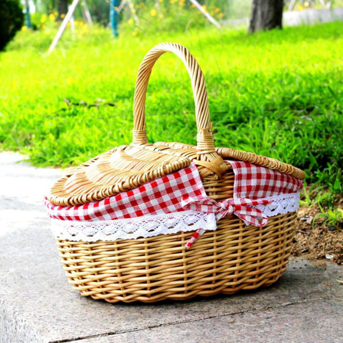 2 cestini da picnic in vimini stile rustico con coperchio e manico e fodere interne per picnic, feste e barbecue 1
