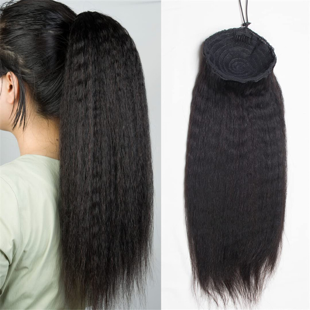 Unisex 26 Inch Kinky Straight Human Hair Wig With Secure Clipin Drawstring, 150G Brazilian Remy