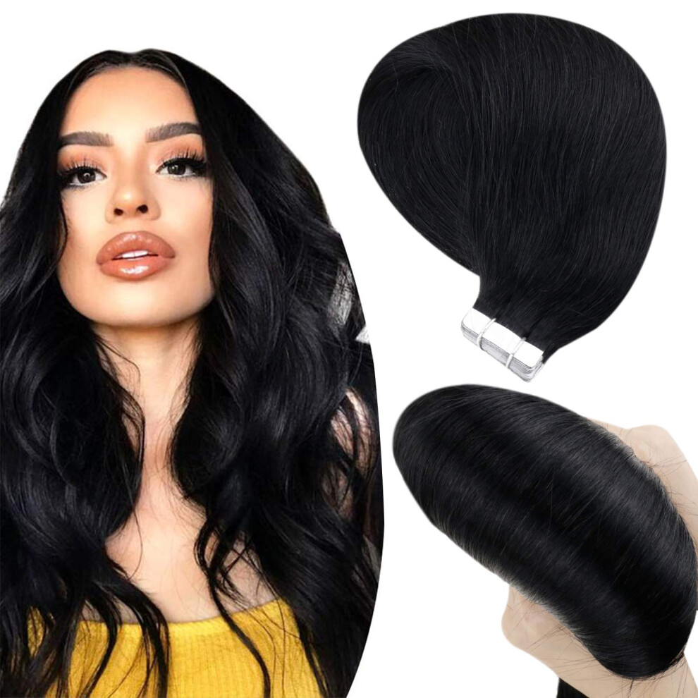 Unisex Black Tape In Remy Human Hair Extensions 20 Inch Seamless Skin Weft Easy Install Natural Shine