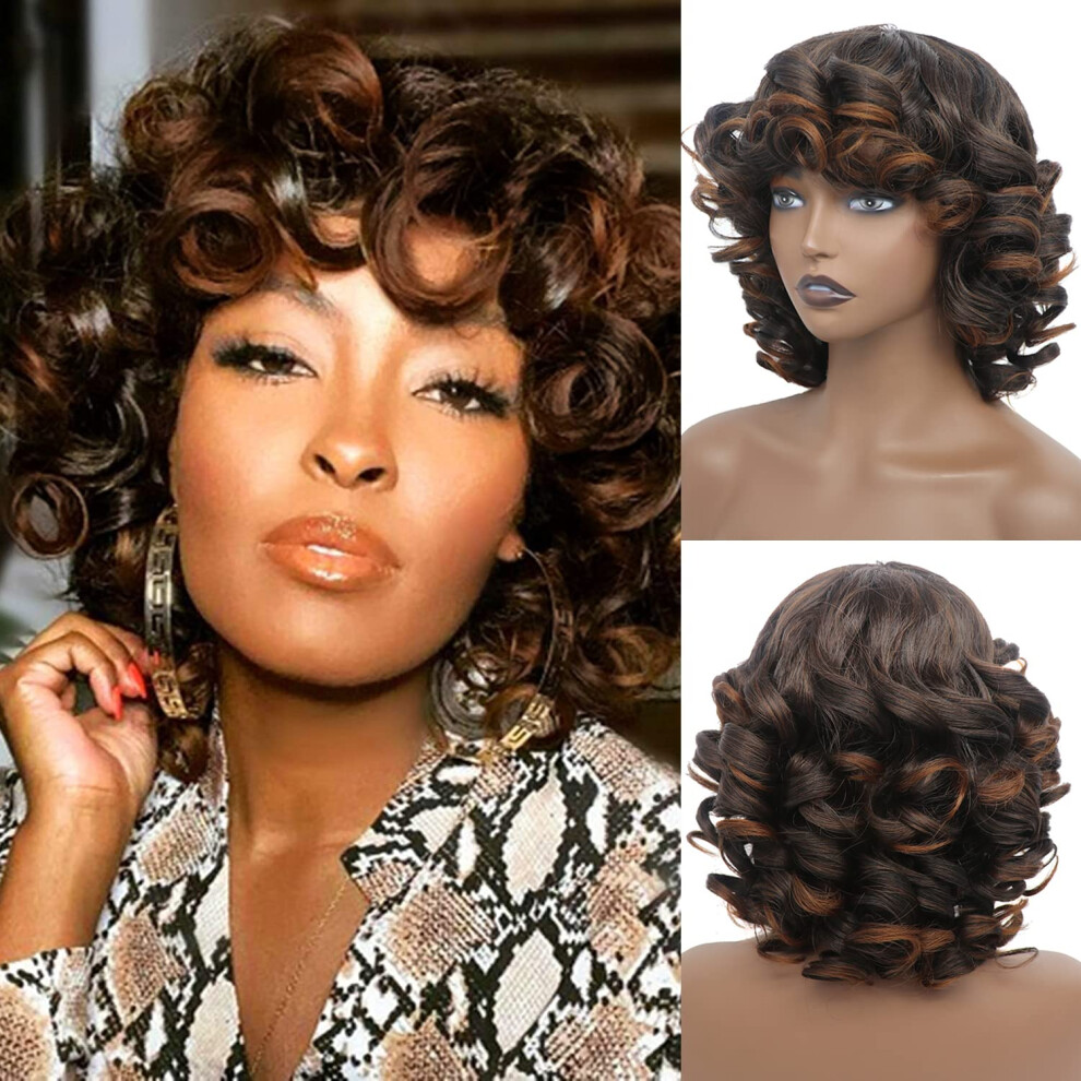 Unisex Black,Brown 14 Inch Short Kinky Curly Afro Wig With Bangs, Highlight Brown Heatresistant Synthetic Hair For Black Women