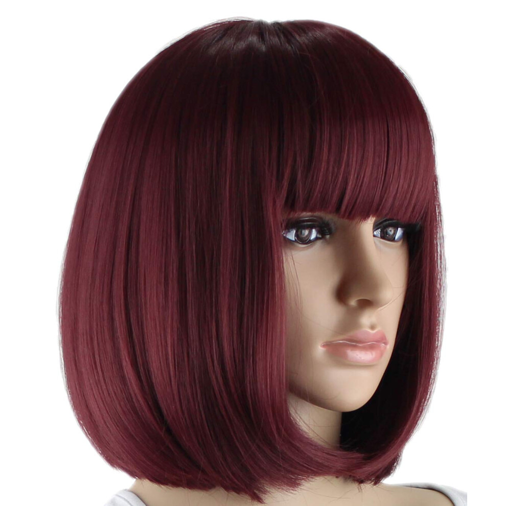 Unisex Red Wine Bob Wig With Bangs For Women, Short Straight Synthetic Hair, Breathable Adjustable Cap
