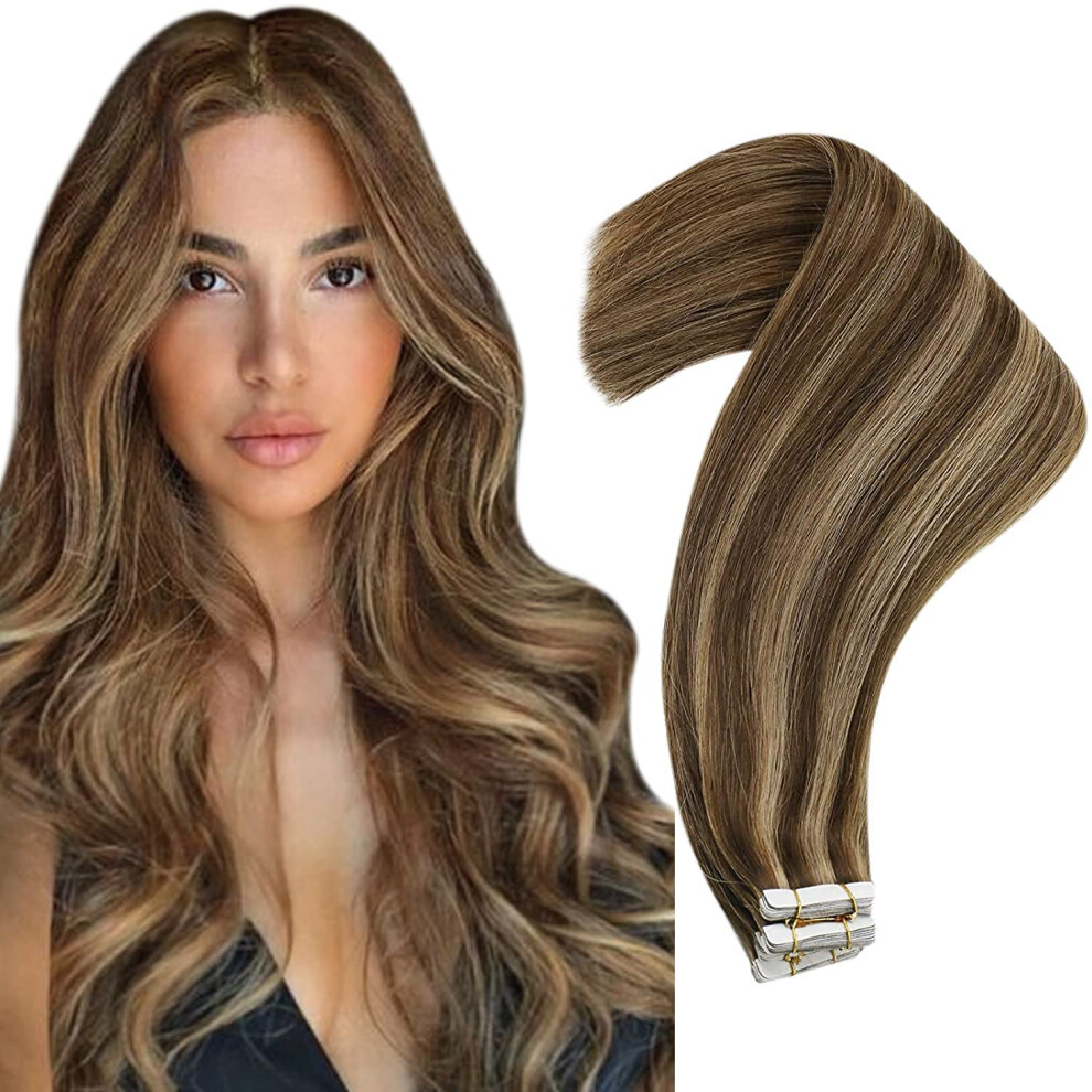 Unisex Balayage Tape In Hair Extensions Remy Human Hair Invisible Application Highlight Color #1B To #6 And #18 20Pcs