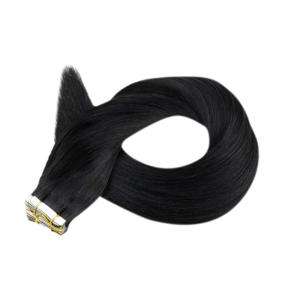 Unisex Black 18 Inch Jet Tape In Hair Extensions 50G 20Pcs Seamless Skin Weft Remy Human Hair