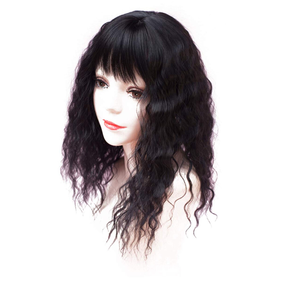 Unisex Black Curly Hair Topper With Bangs For Thinning Hair, Heat Resistant Clip In Hairpiece, 17.7'