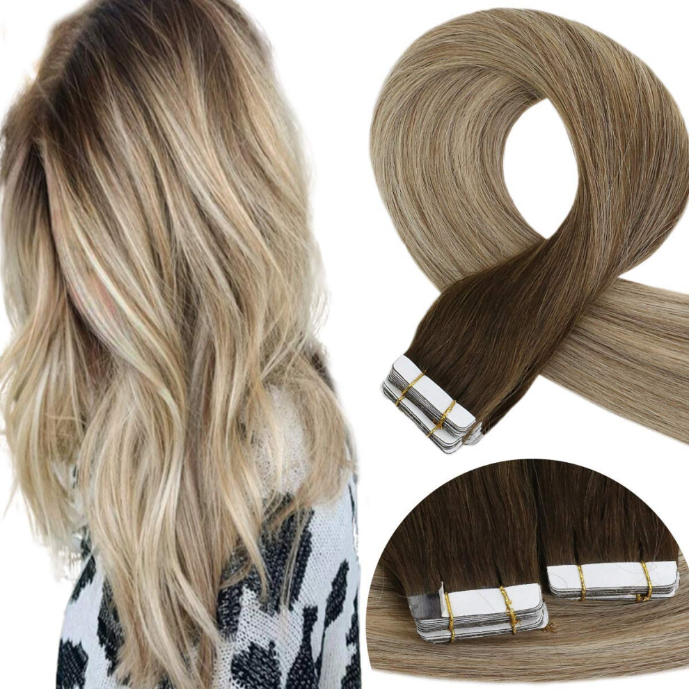 Unisex Brown,Silver 22 Inch Invisible Tape In Remy Human Hair Extensions Dark Brown To Platinum Blonde Seamless Blend 40Pcs