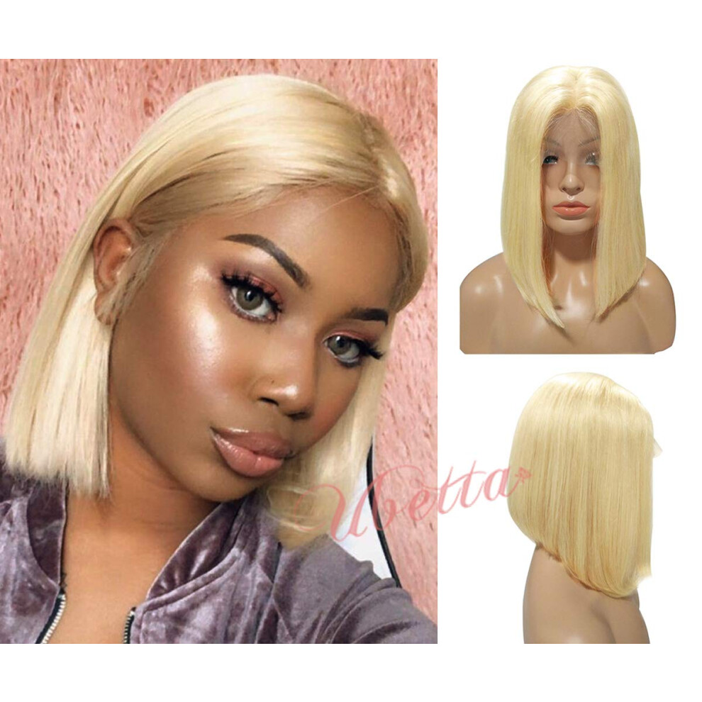 Unisex 613 Blonde Lace Front Bob Wig 16 Inch Brazilian Remy Human Hair Glueless Pre Plucked Bleached Knots Silk Straight 180 Density