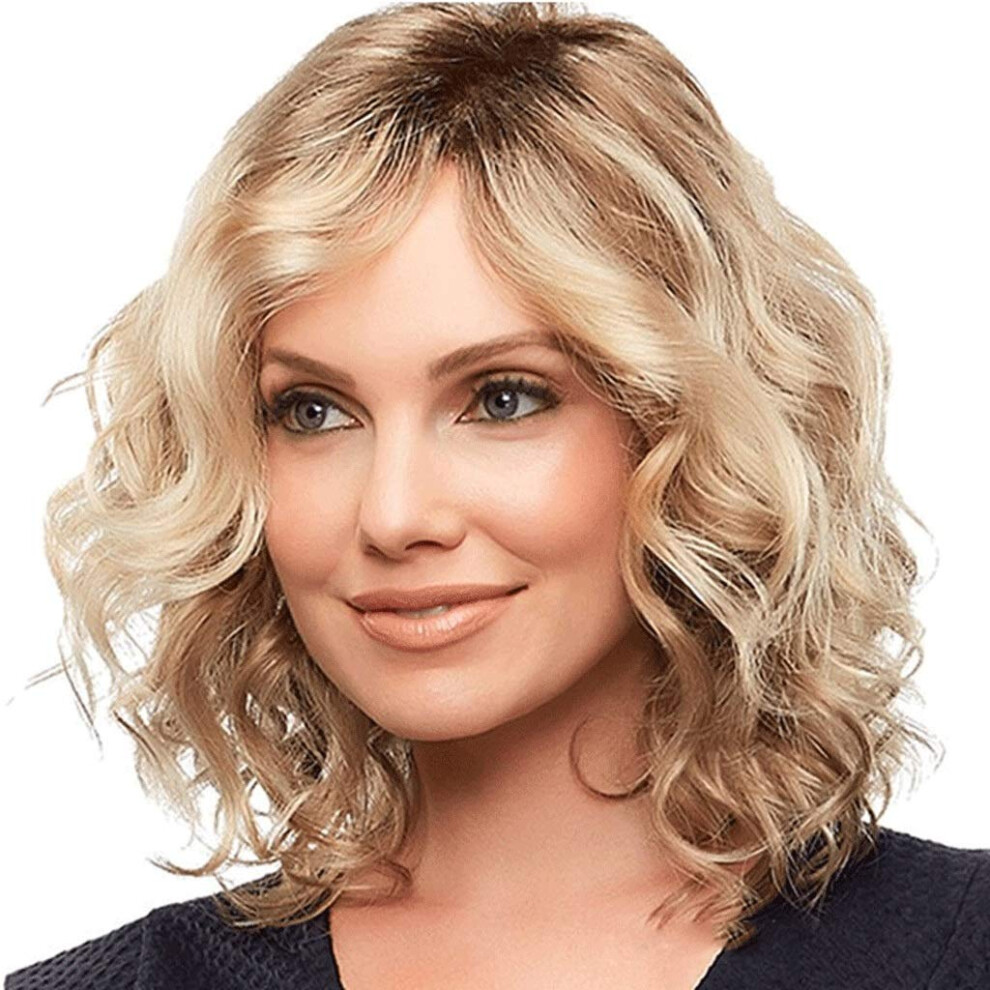 Unisex Blonde Medium Length Wavy Wig With Bangs Heat Resistant Synthetic Hair For Women