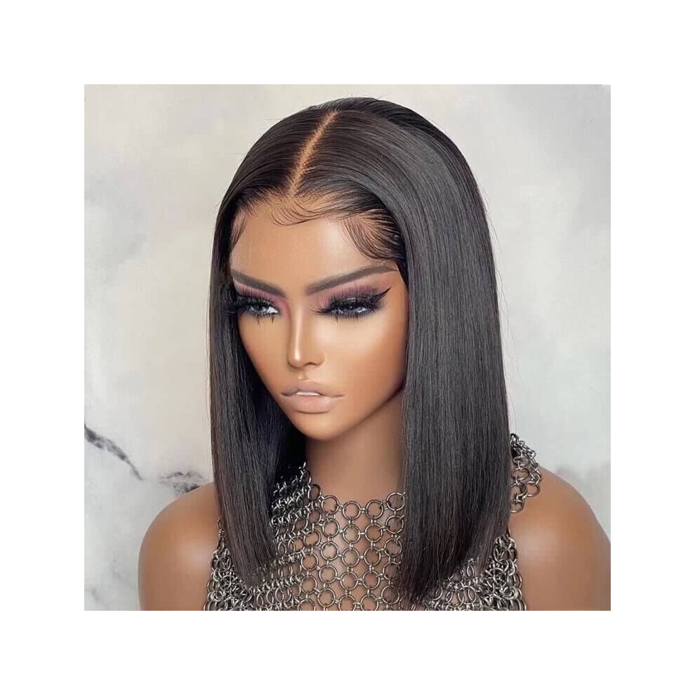 Unisex Black Short Bob Wig Human Hair 4X4 Lace Closure Hd Transparent Glueless Preplucked 150% Density Brazilian Virgin Hair For Women