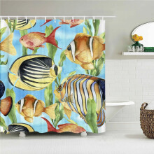 Cortina de ducha de tela de alta calidad con estampado de peces y delfines de dibujos animados, impermeable, con motivos marinos y ganchos.