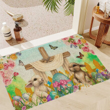 Tapis de cuisine Fnyoxu Joyeuses Pâques, lapin de printemps, œufs, fleurs, compatible avec la décoration de la cuisine, antidérapant et lavable