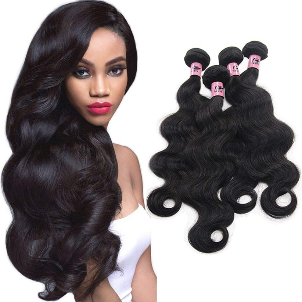 Unisex Black Brazilian Body Wave Human Hair 4 Bundles Virgin Remy Extensions Natural Soft Silky Tangle Resistant
