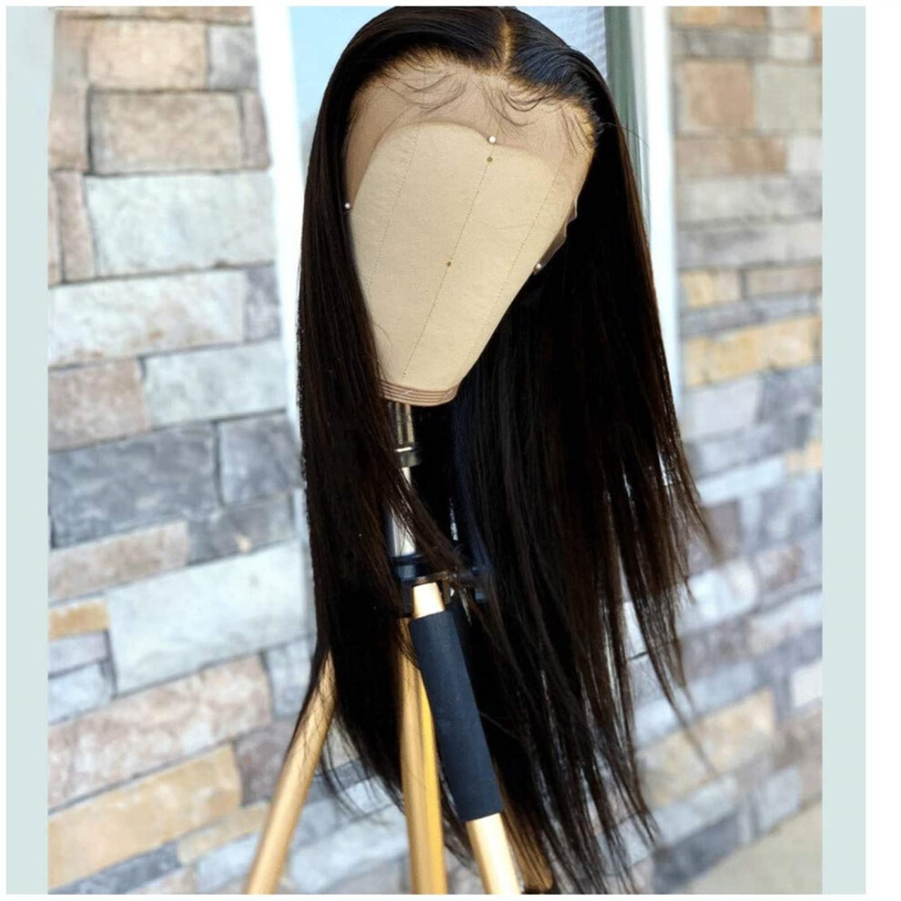 Unisex Human Hair Lace Front Wig 13X6 Straight Brazilian Remy 16 Inch Pre Plucked Bleached Knots