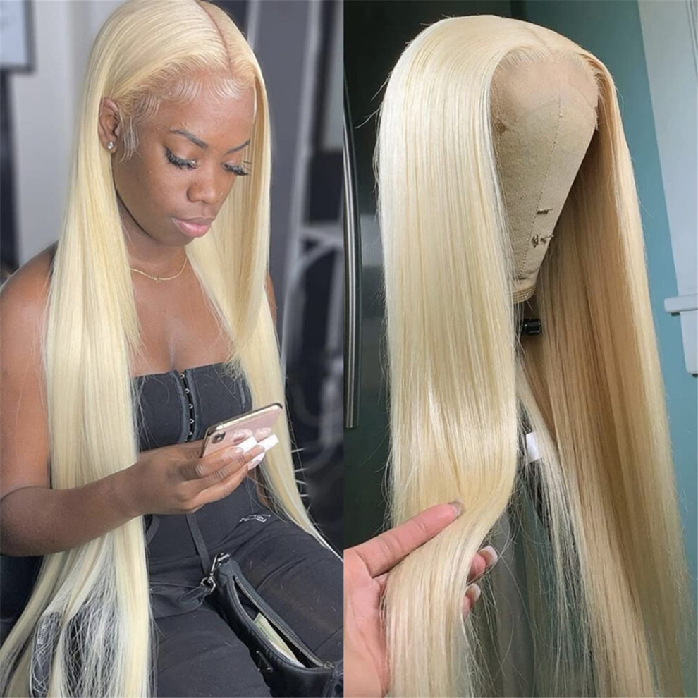 Unisex 32 34 Inch 613 Blonde Human Hair Lace Front Wig, Brazilian Straight, Glueless 4X4 Closure