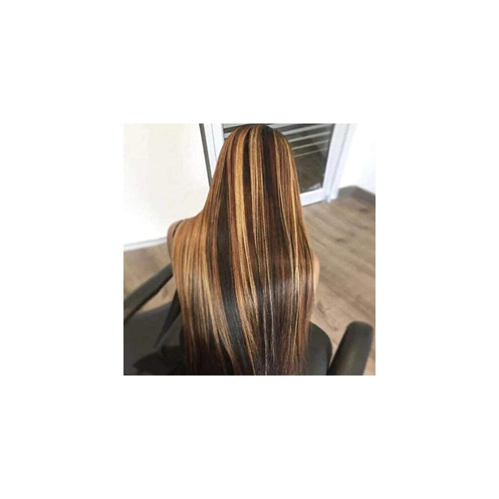 Unisex 24 Inch Honey Blonde Highlight Ombre Human Hair Lace Front Wig Brazilian Remy Straight Natural Hairline
