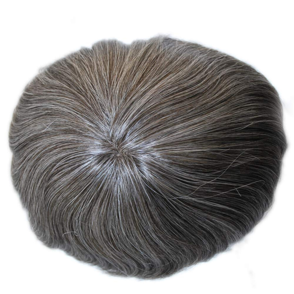 Unisex Brown,Grey Thin Skin Mens Toupee Human Hair Hairpiece 40% Grey Dark Brown Natural Scalp Appearance