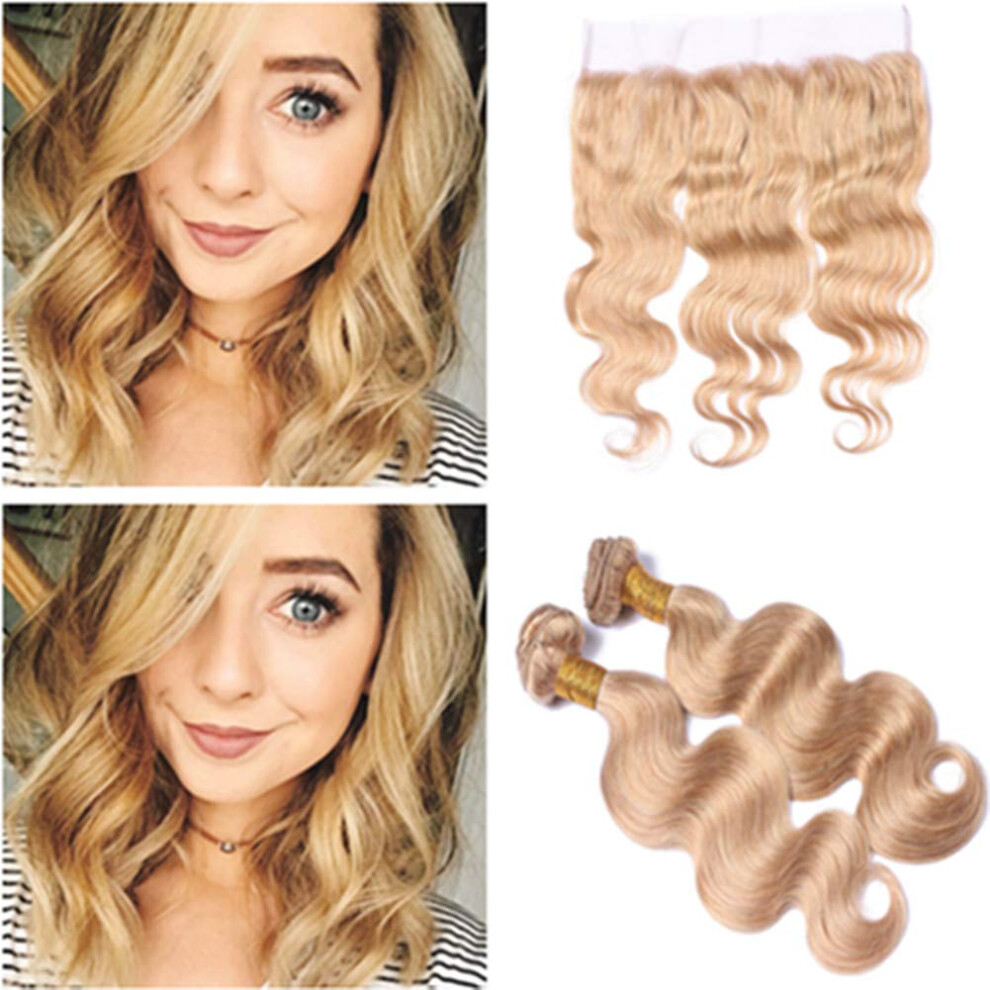 Unisex Honey Blonde Body Wave Human Hair Bundles With 13X4 Frontal, Strawberry Blonde Virgin Hair