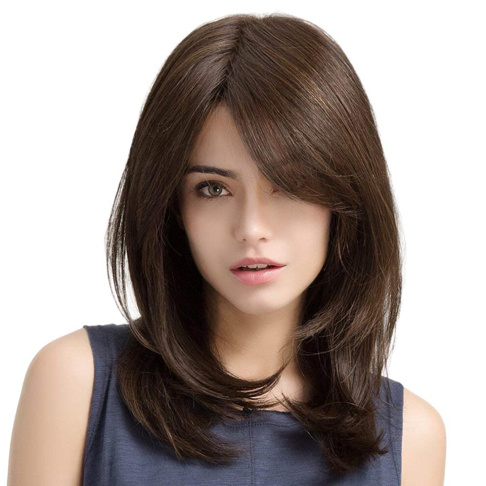 Women's Long Straight Wig with Side Swept Bangs Natural Hairline Heat Resistant 45cm