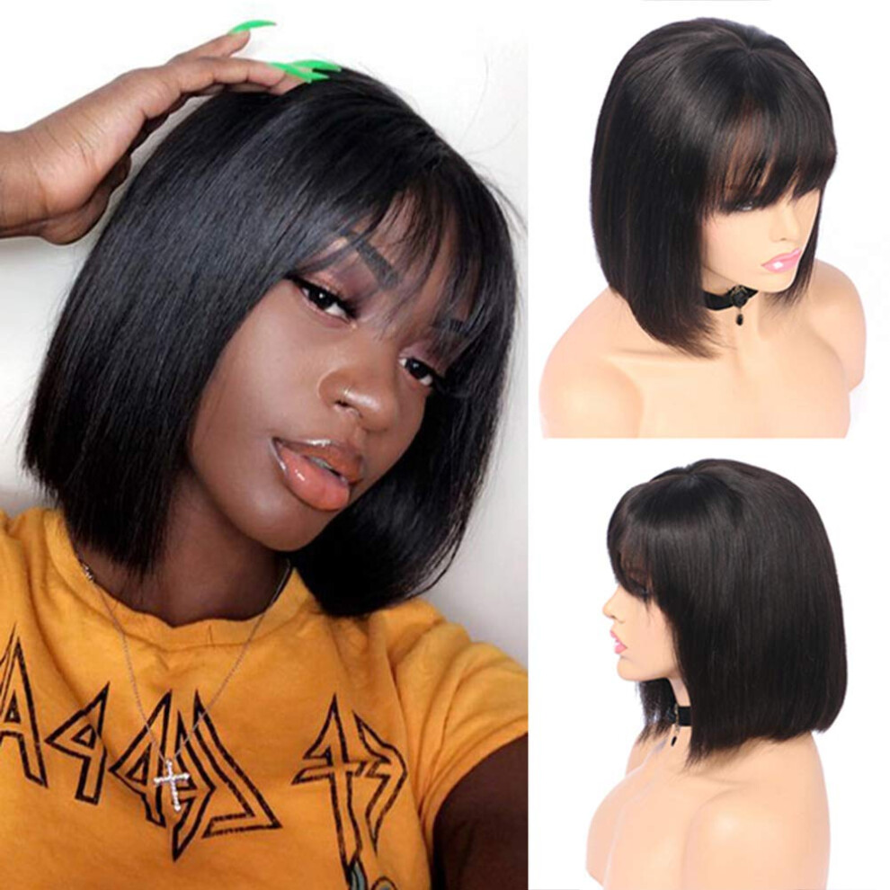 Human Hair Bob Wig Glueless Lace Front Pre Plucked Virgin Hair 180 Density 8 Inch With Bangs