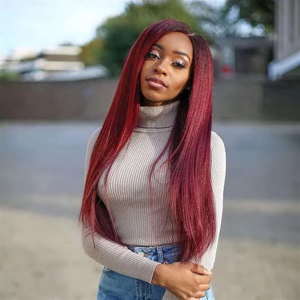 Unisex Black,Red 24 Inch Burgundy Human Hair Lace Front Wig For Black Women, 13X6 Glueless Italian Kinky Straight, Preplucked Bleached Knots