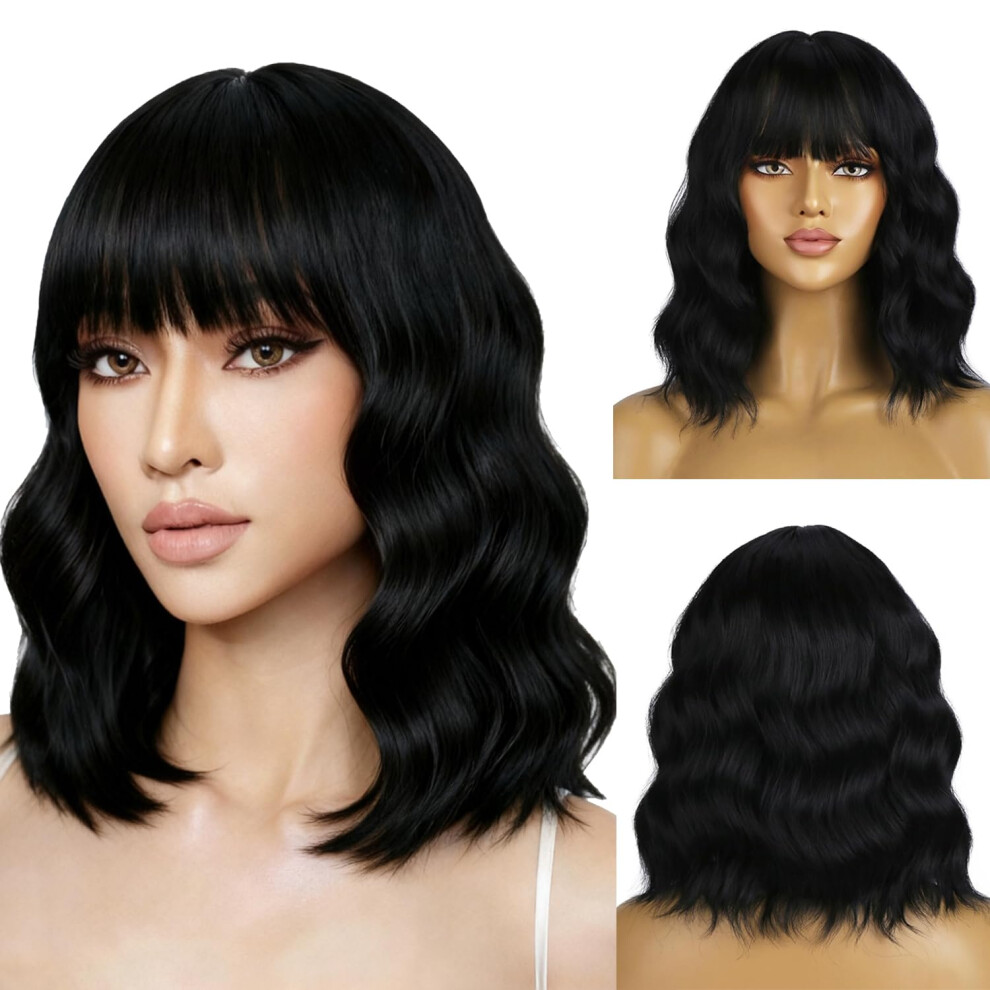 Unisex Black Short Curly Wig With Bangs For Women, Natural Looking Bob Wig, Heatresistant Fiber