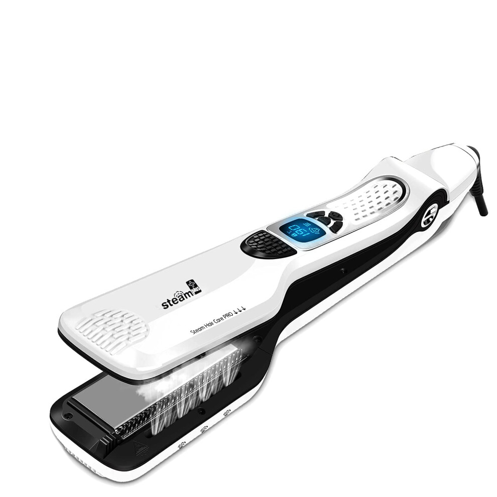 White Steam Hair Straightener With Comb Lcd, Nano Titanium Ceramic Flat Iron For Frizz Control,