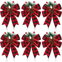 12PCS Christmas Black Red Plaid Ribbon Bows with Pine Cones for Holiday Tree Decorations