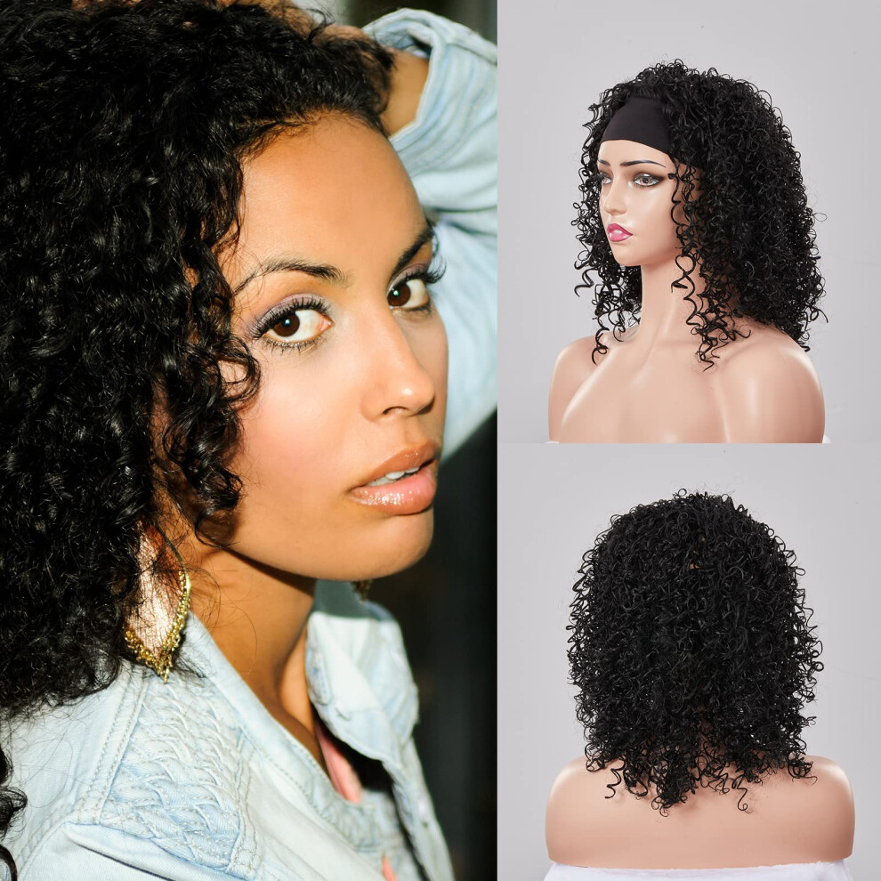 Curly Headband Wig Brown Deep Wave 16 Inch Heat Resistant Synthetic Hair for Black Women Party