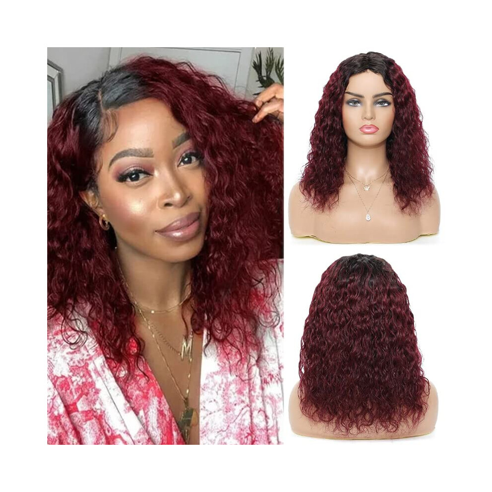 Unisex Black Kinky Curly Brazilian Human Hair Bob Wig 14 Inch Ombre Dark Roots Bohemian Style For Women