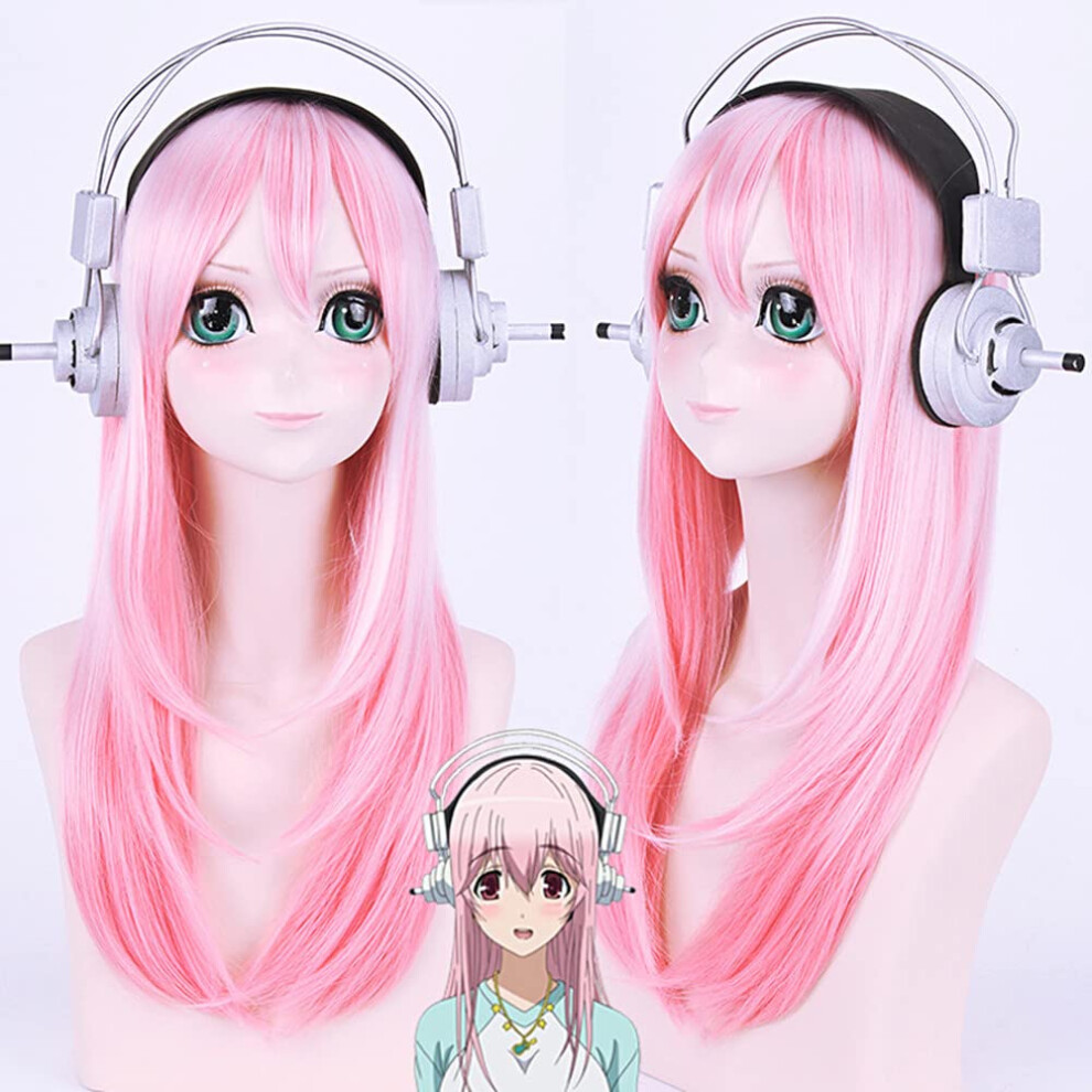 Long Pink Cosplay Wig Heat Resistant Synthetic Hair with Natural Hairline for Super Sonico Costume
