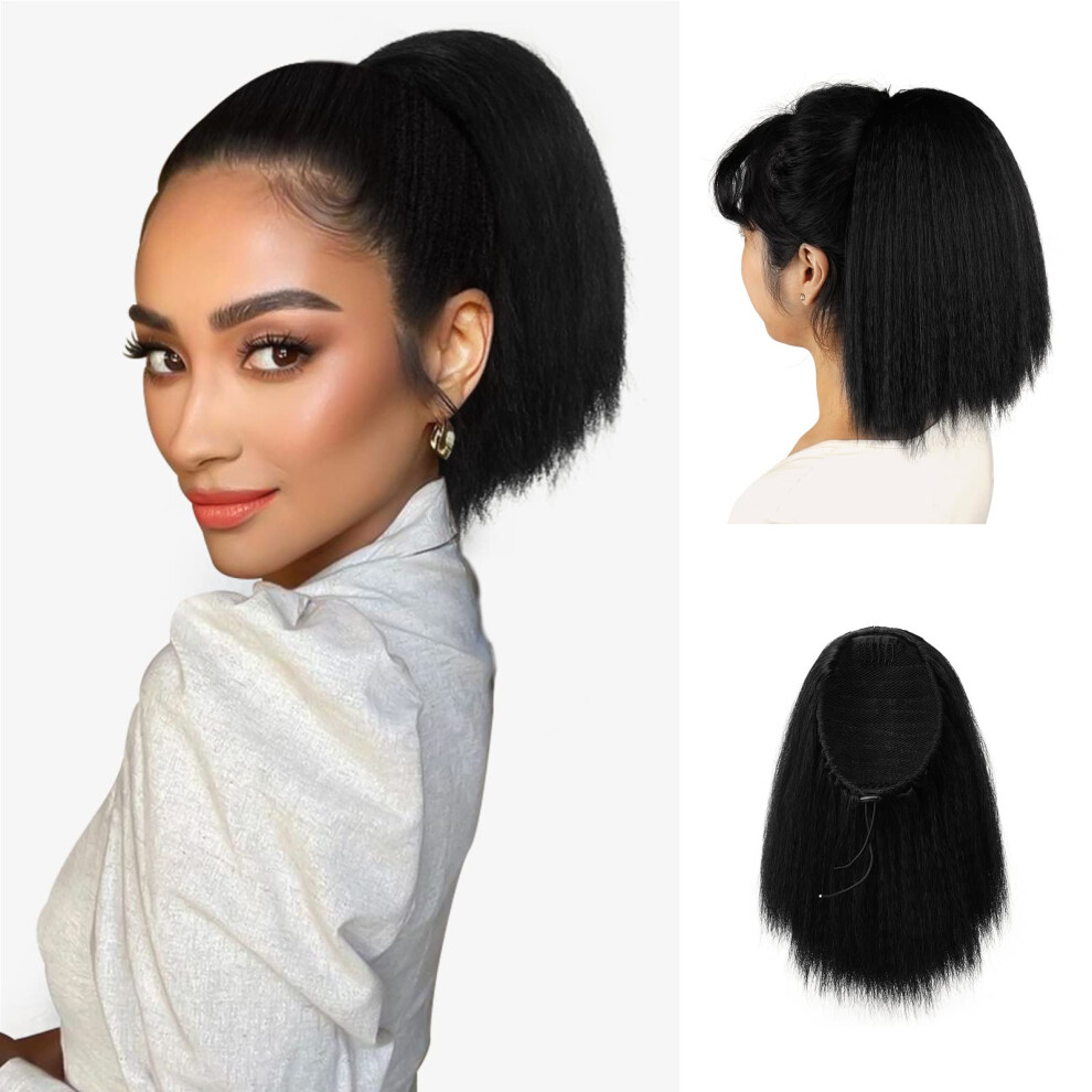 Unisex Drawstring Ponytail Synthetic Hair Extensions 12 Inch Yaki Kinky Straight Clip In 1B Hairpiece