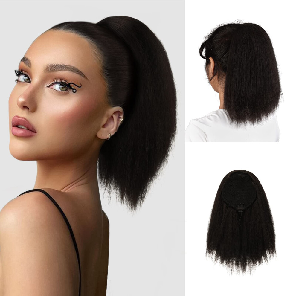 Drawstring Ponytail Hair Extensions for Black Women, 12 Inch Yaki Kinky Straight Synthetic Hairpiece