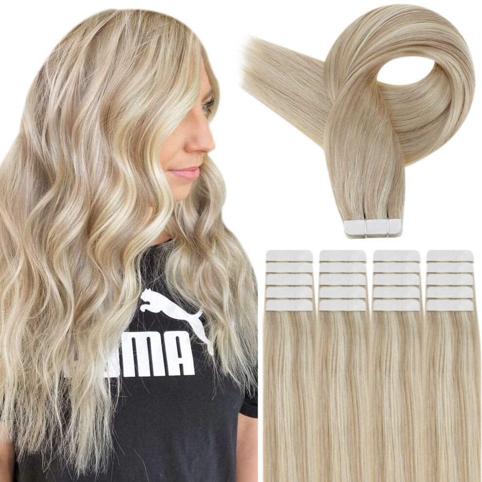 Unisex Silver Tape In Hair Extensions 16 Inch Ash Blonde Platinum Highlight Remy Human Hair 50G Seamless Look