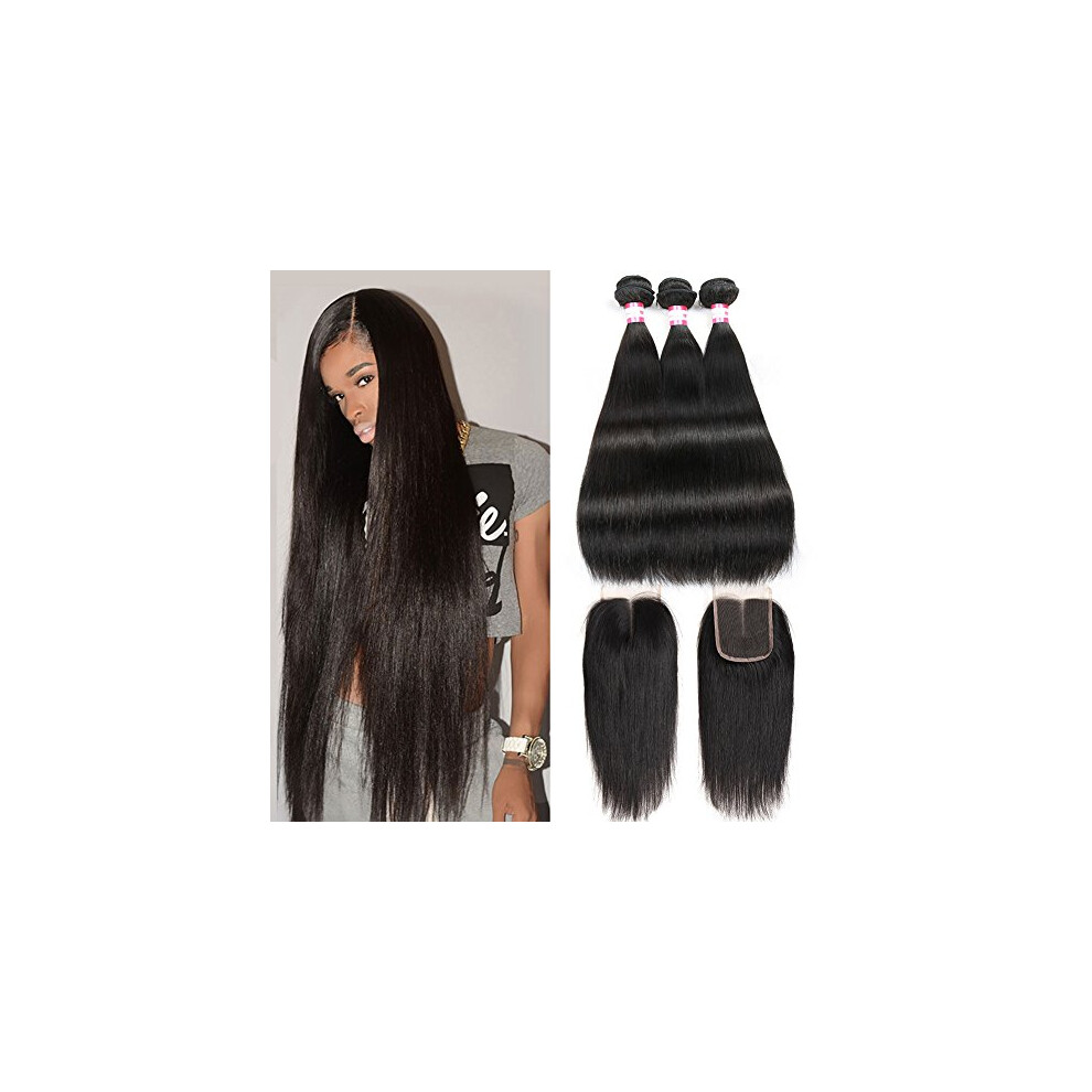 Unisex Black Brazilian Virgin Straight Hair 3 Bundles With 4X4 Middle Part Closure Natural Extensions